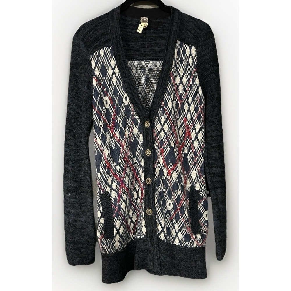 We The Free People Foxtrot Argyle Blue White Red Cardigan Sz S
